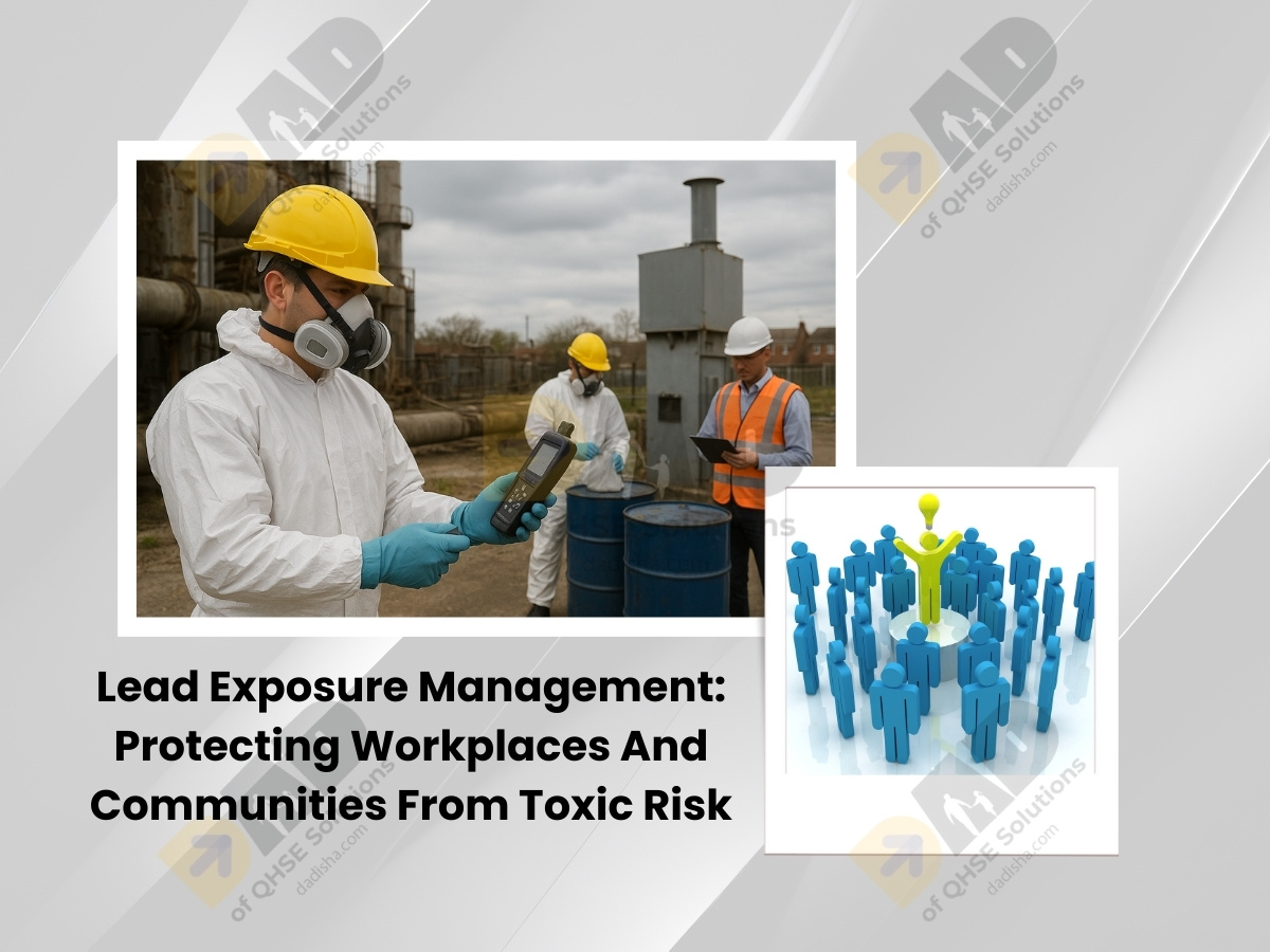 Lead Exposure Management banner with QHSE icons for lead hazard, no dry sweeping,XRF testing,and Ppe