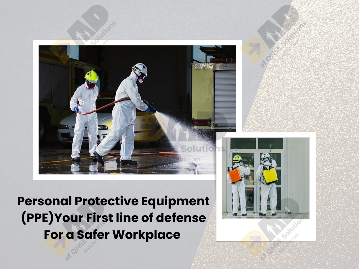 Worker wearing PPE gear—hard hat, N95 mask, gloves, and safety vest—promoting workplace safety by Da