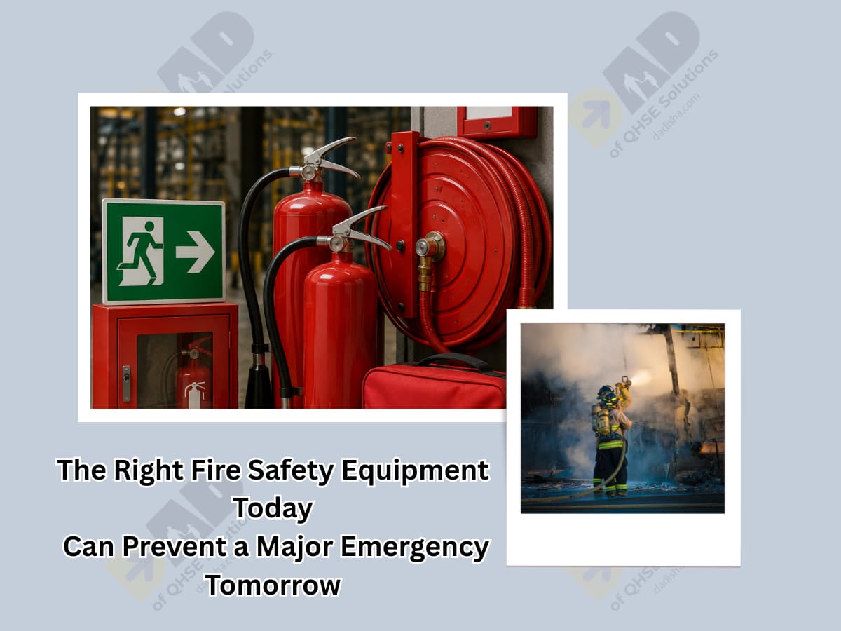 Essential fire safety equipment for factories with extinguishers, hose reel, exit signs, and PPE.