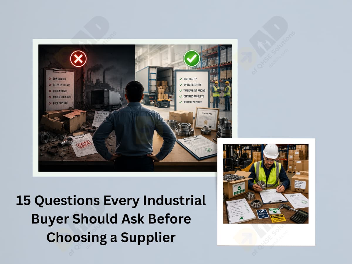 Industrial supplier evaluation banner showing QHSE compliance, quality, safety, and supplier review.