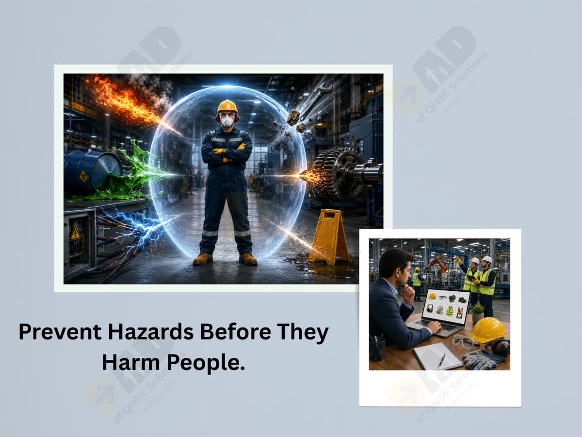 Industrial safety banner featuring PPE worker, safety equipment, and workplace hazard prevention in