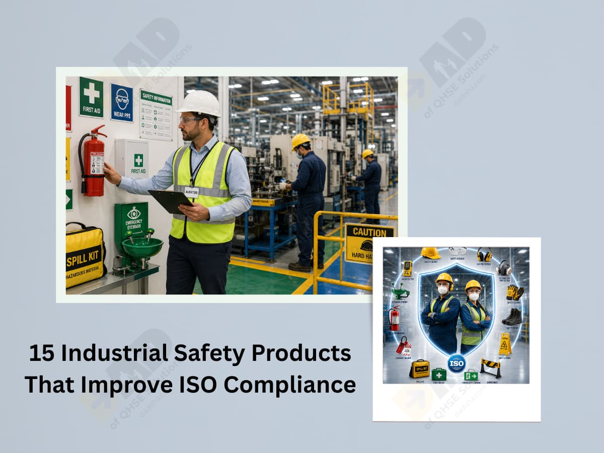 ISO compliance and workplace safety banner with PPE, safety equipment, and risk assessment tools.