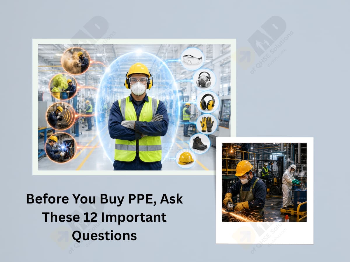 Industrial PPE equipment for workplace safety and QHSE compliance.