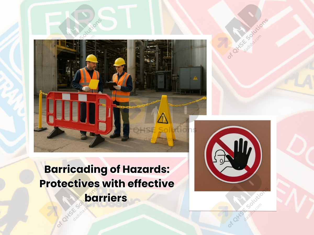 Safety barricades and warning signs protecting workers in hazardous areas.