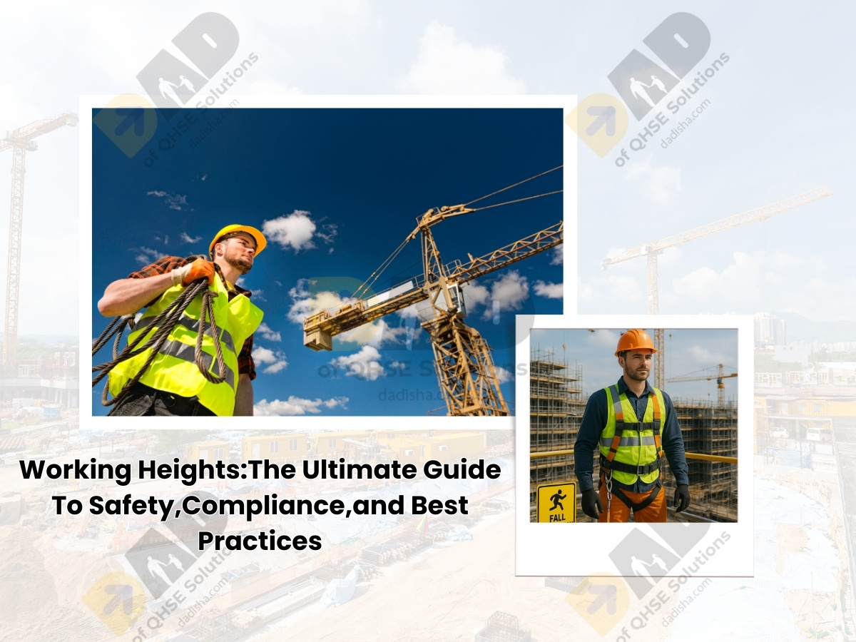 Working at heights with fall protection and safety equipment.