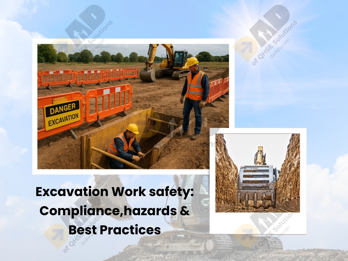 Worker holding a yellow hard hat at an excavation site with heavy equipment, promoting safety
