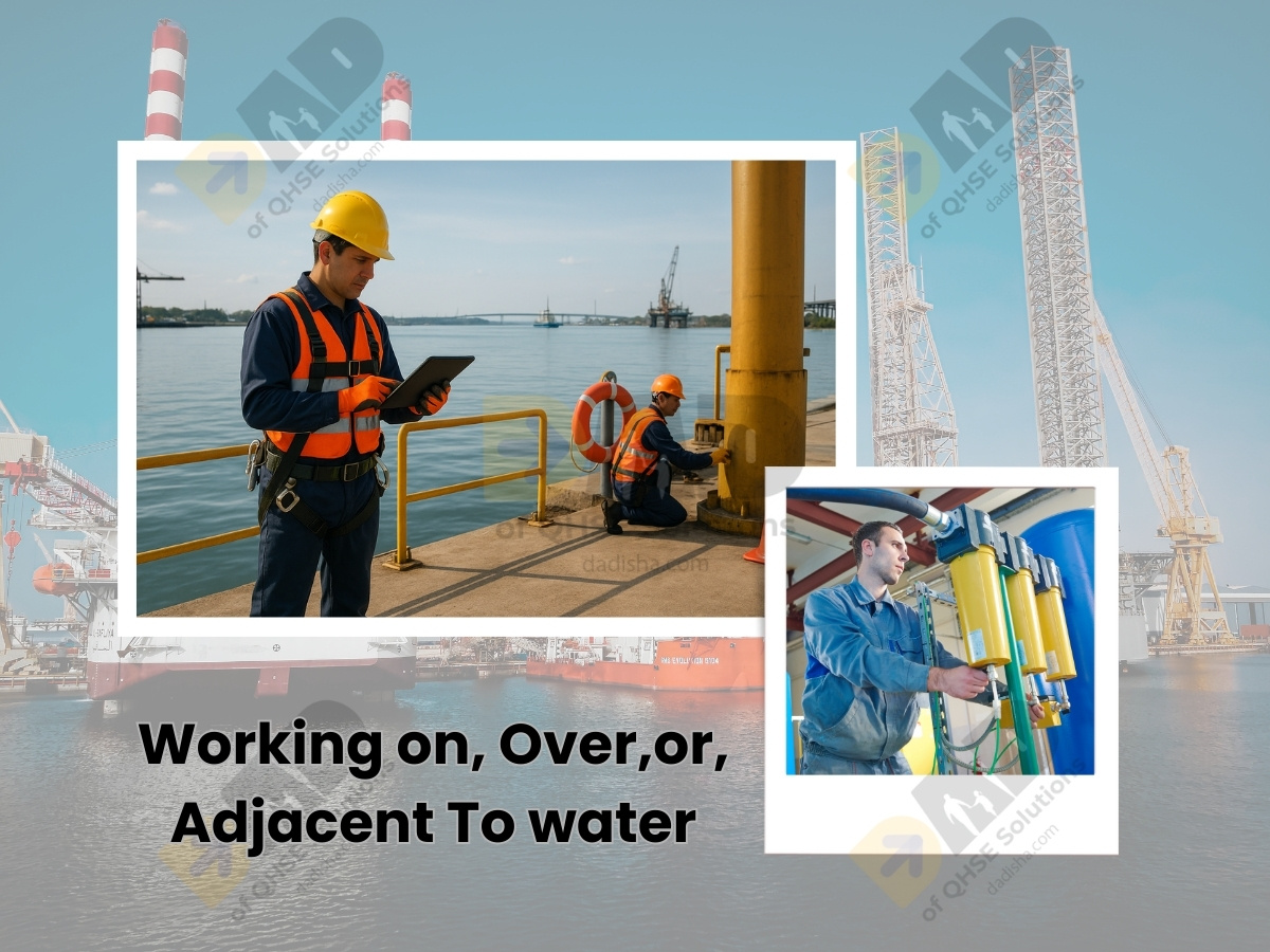 QHSE safety controls for working over water with worker on scaffold near bridge construction.