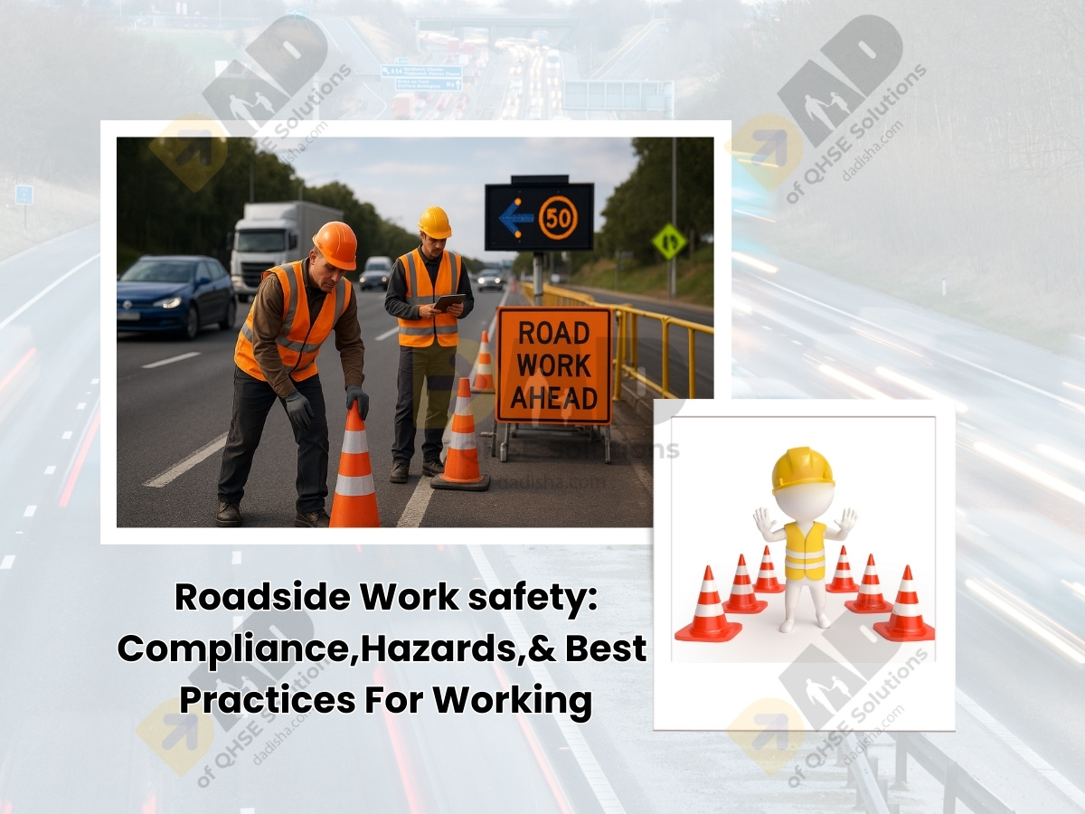 Worker in high-visibility PPE managing traffic with cones and barricades