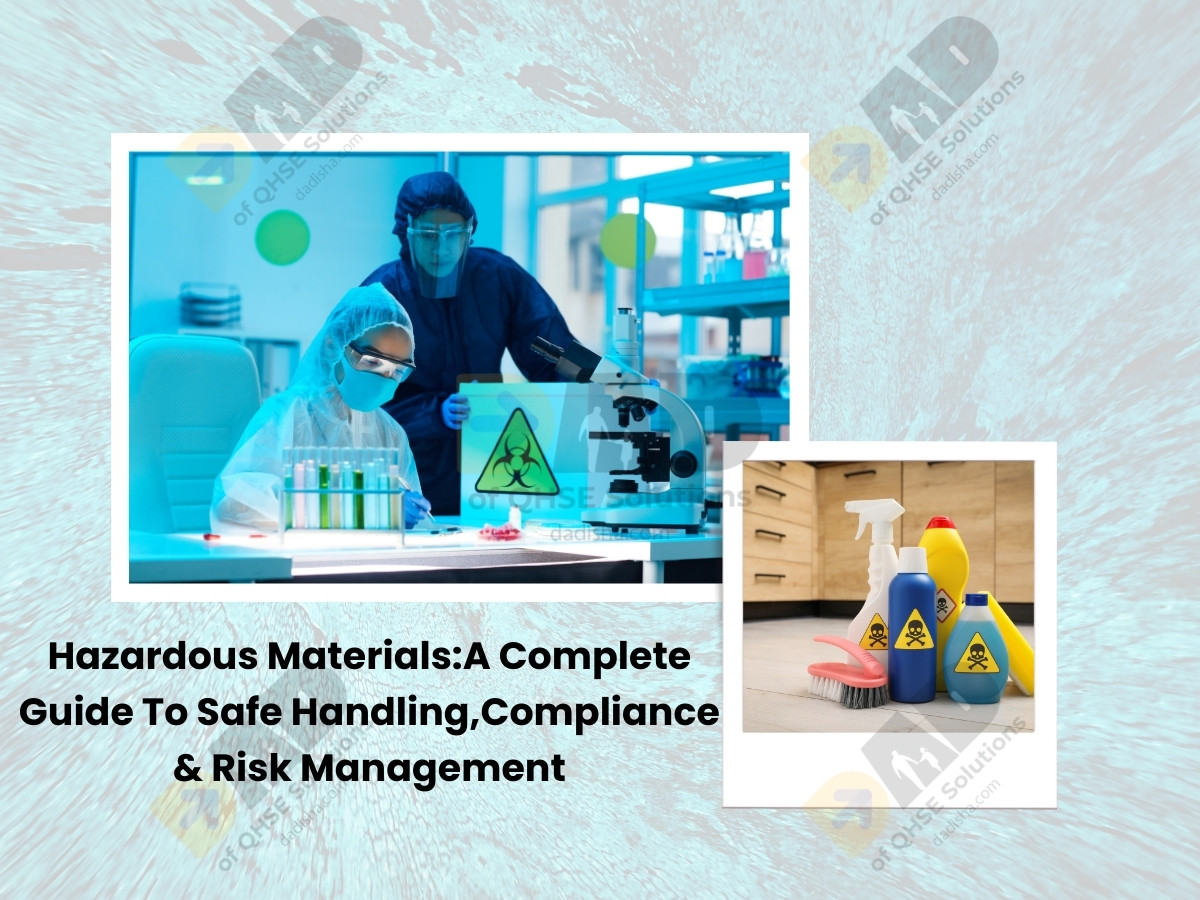 Illustration of hazardous materials storage with PPE, chemical drums, and safety equipment.