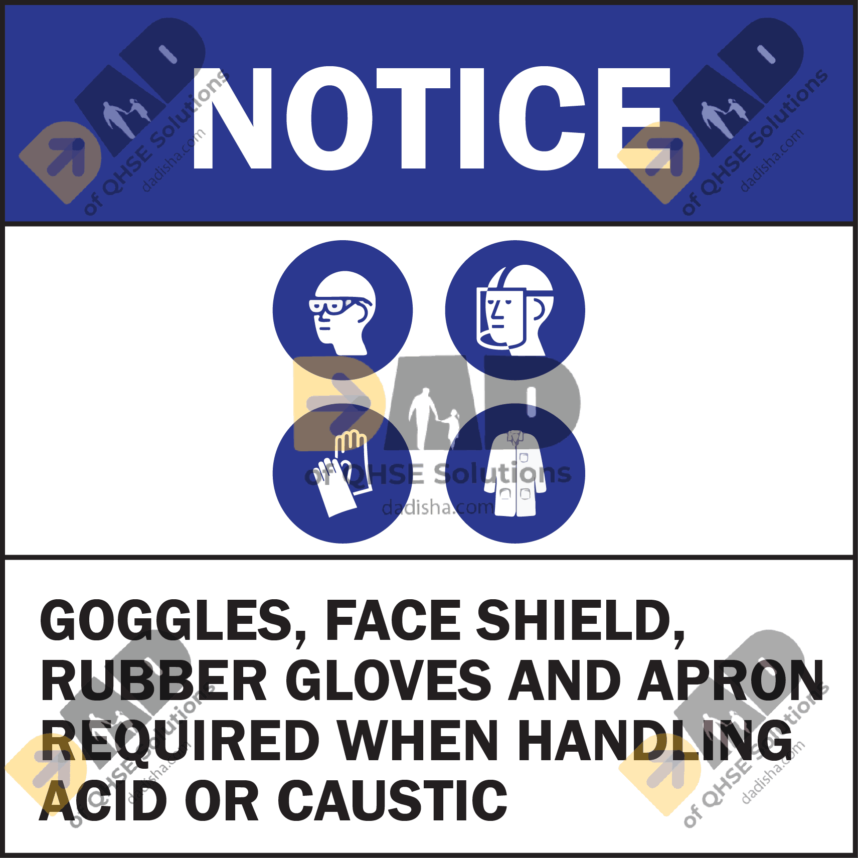 NOTICE GOGGLES, FACE SHIELD, RUBBER GLOVES AND APRON